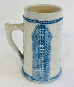 5 1/2" Flat Iron Bldg. Blue & White Molded Stoneware Mug
