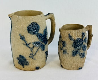 Lot 2 Blue & White Molded Stoneware Pitchers