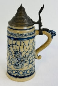10" Blue & White Molded Stoneware Stein