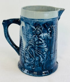 8 1/2" Blue & White Molded Stoneware Pitcher