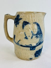 8" Blue & White Molded Stoneware Pitcher