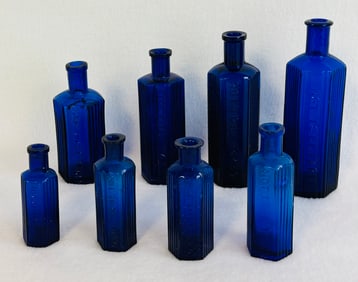 Lot Of 8 Cobalt Blue "Not To Be Taken" Poison Bottles