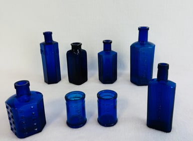 Lot Of 8 Various Cobalt Blue Poison Bottles