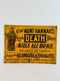 19th C Embossed Tin Sign Aunt Hannah's Death Drops