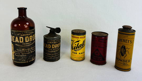 Lot 5 Insect Destroyer Advertising Items: Lot of five insect destroyer advertising items which includes a 7 1/2" ABM amber glass bottle with 90% of its original label for Dirksen's Dead Drops, a tin with paper label dispenser also for Dirksen