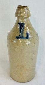 10" D W DeFreest Stoneware Bottle w Cobalt L