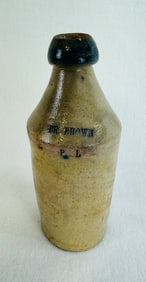9 1/4" Dr Brown P L Stoneware Bottle With Cobalt R & Top