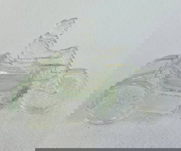 Indian Motorcycle Candy Container: 5" long clear figural glass candy container in the form of a Indian motorcycle with side car. Candy container lacks a closure but is free of any chips or cracks. Note: Most items in this auction we wi