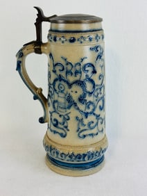 12 1/2 Blue & White Molded Stoneware Lidded Stein