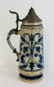 13 1/2" Blue & White Molded Stoneware Stein