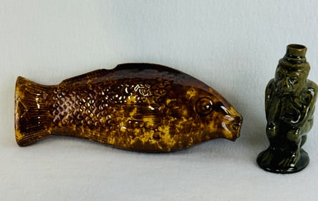 Lot 2 Figural Pottery Bottles Fish & Monkey