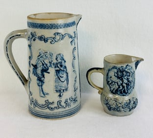 Lot 2 Blue & White Molded Stoneware Pitchers
