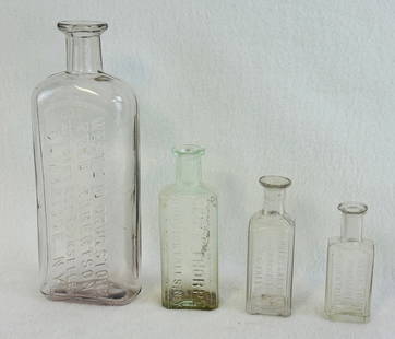 Lot 4 Hoosick Falls & Cambridge NY Pharmacy Bottles: Lot of four pharmacy bottles with the largest 8 5/8" being of clear glass and embossed West End Drug Store / Fred Robertson / Druggist and Bookseller / Cambridge N.Y.; tow sizes of Geo E Thorpe Hoosic