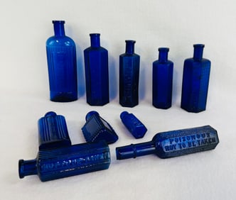 Lot 10 Cobalt Poison Bottles