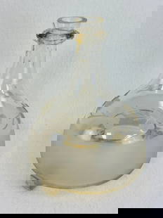 Free Blown Glass Fly Trap With Engraving: Antique free blown clear glass fly trap which has three applied feet and having a frosted band near base and a copper wheel engraved band of florals. The top has been sheared and then ground at the fa