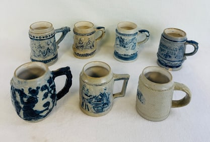 Lot 7 Blue & White Molded Stoneware Mugs