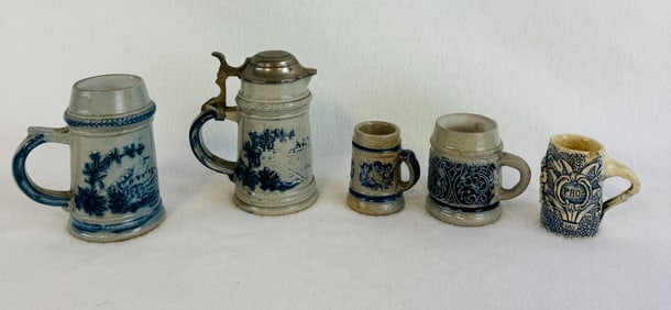 Lot Blue & White Miniature Molded Stoneware Mugs & Steins