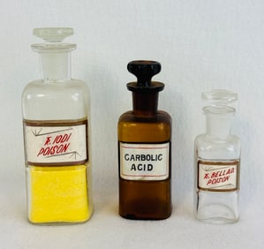 Lot 3 Poison Related Label Under Glass Pharmacy Bottles