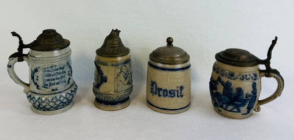 Lot 4 Blue & White Molded Stoneware Lidded Steins