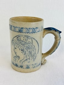 Blue & White Molded Stoneware Mug With Impressed Woman's Heads