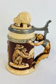 German Monkey Stein W Skull & Crossbones Inlaid Lid