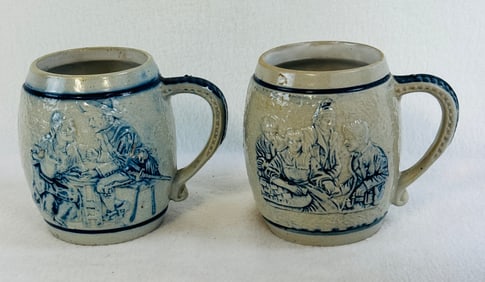 Lot 2 Blue & White Molded Stoneware Barrel Form Mugs