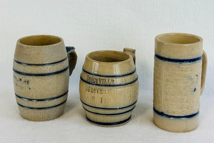 Lot 3 Blue & White Molded Stoneware Mugs