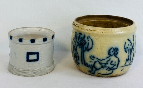 Lot 2 Blue & White Molded Stoneware Jars