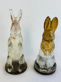 Lot 2 Seated Rabbits Molded Clear Glass Candy Containers