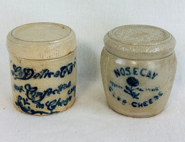 Lot 2 Blue & White Molded Stoneware Cheese Jars