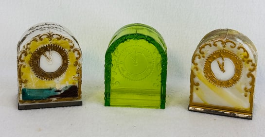 Lot 3 Mantle Clock Figural Candy Containers