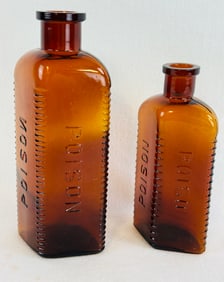 Lot 2 Large Amber Poison Bottles 10 1/4" & 8 1/4"