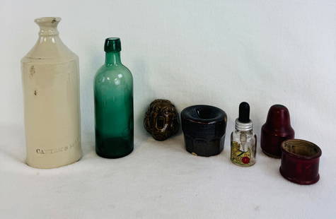 Lot 5 Ink Bottles & Related Items: Lot of five ink bottles and related items to include; 8" medium green master ink with pour spout, 9 1/4" Bristol glazed stoneware Carter's master ink bottle with pour spout (small lip chip), mid 19th