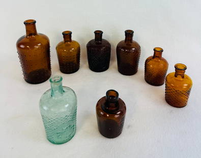 Lot 8 Round Poison Bottles: Lot of eight round poison bottles. Condition - varies as shown in photos. Note: Most items in this auction we will offer our in-house shipping as opposed to using Live Auctioneers Shipping Services -