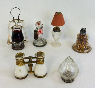 Lot 6 Candy Containers - Opera Glasses, Top, Telephone Etc: Lot of six various glass candy containers to include: top, lamp, opera glasses or binoculars, telephone, lantern, and bell. Condition - as shown in photos. Note: Most items in this auction we will off