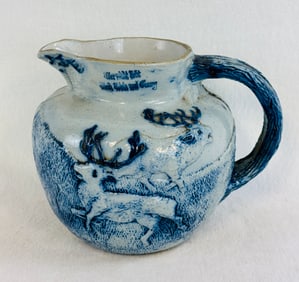 Blue & White Molded Stoneware Pitcher Elk Hunters