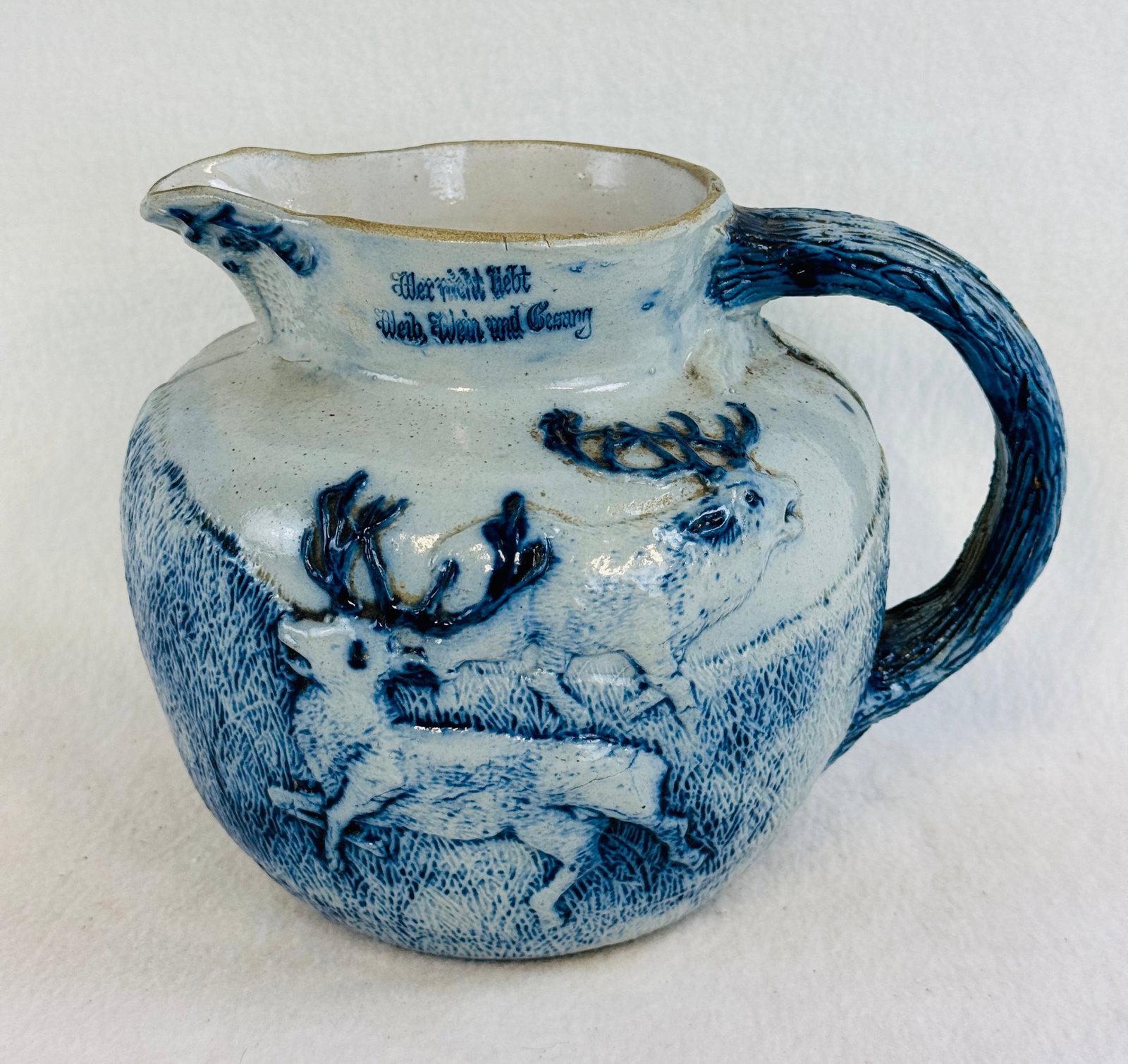 Blue & White Molded Stoneware Pitcher Elk Hunters (1 of 7)
