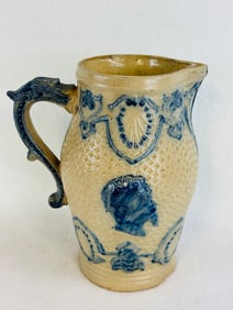 Blue & White Molded Stoneware Pitcher 9 1/2"