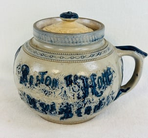 Blue & White Molded Stoneware Handled Bean Pot