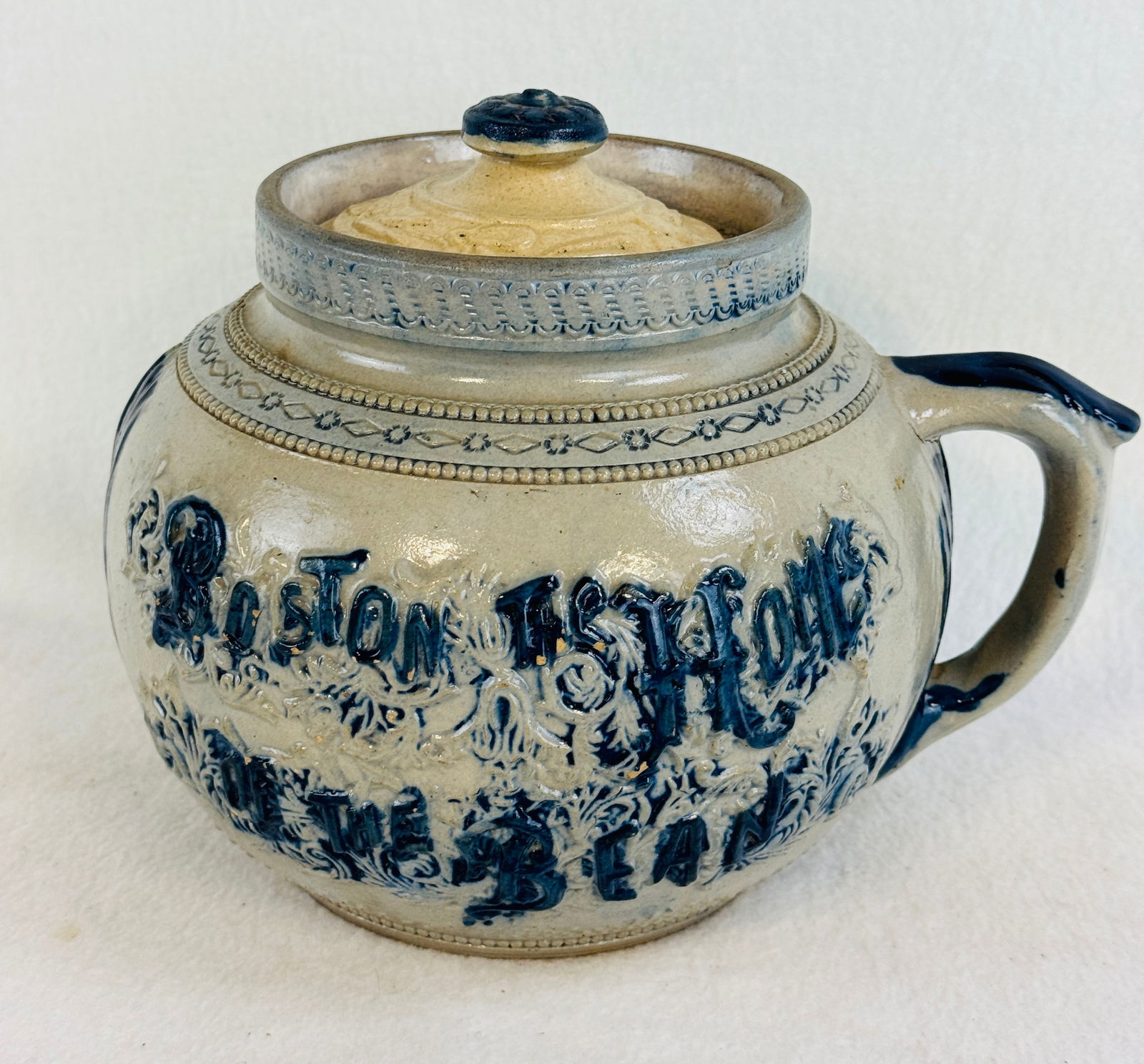Blue & White Molded Stoneware Handled Bean Pot (1 of 7)
