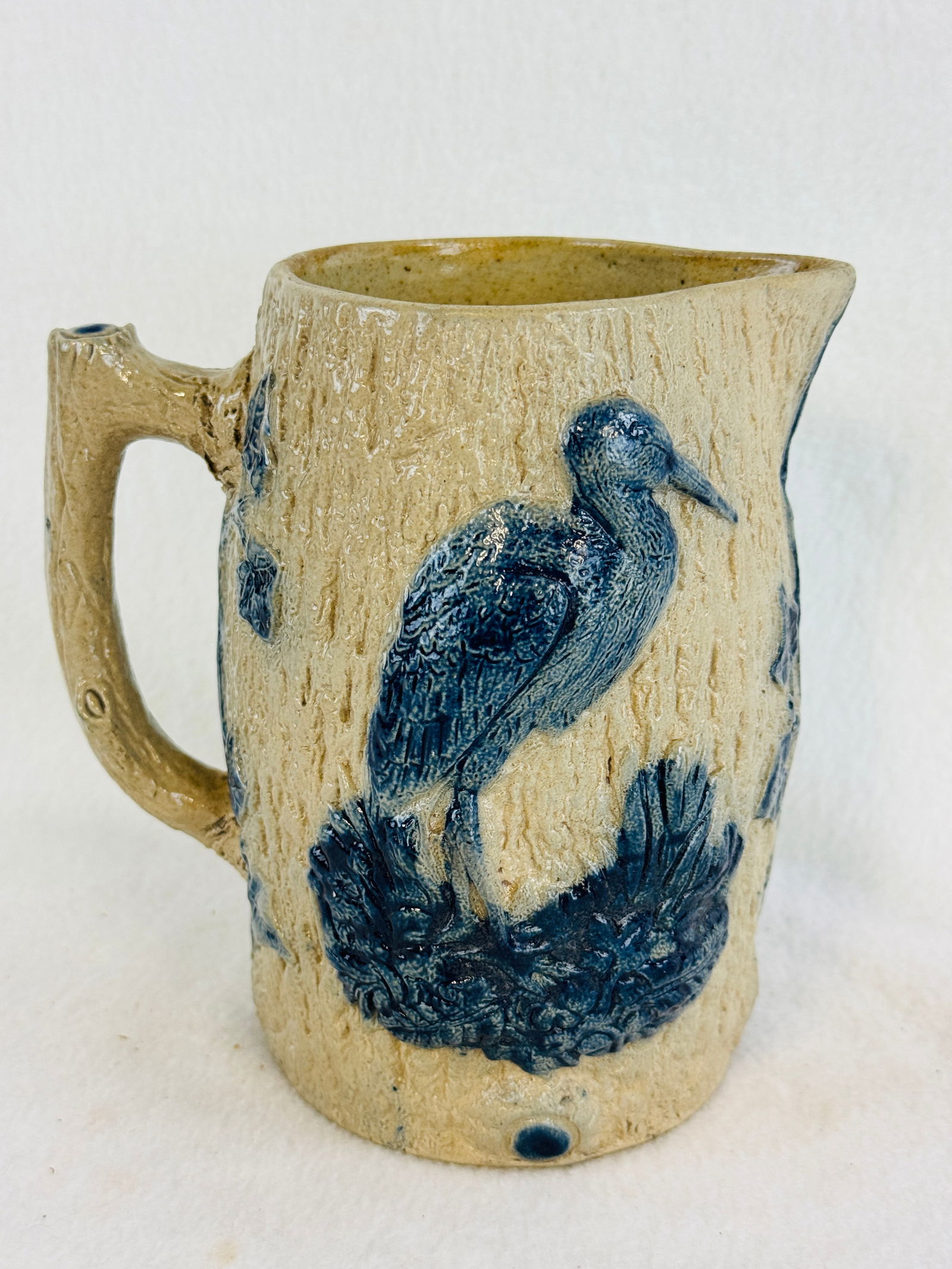Blue & White Molded Stoneware Pitcher Heron (1 of 7)