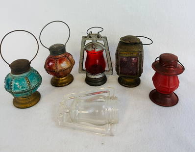Lot 6 Candy Containers - Lanterns: Lot of six figural glass and metal candy containers in the form of lanterns with the tallest measuring approximately 4 1/2" (not including handle). Condition - as shown with o chips or cracks noted. N