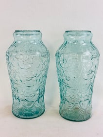 Pair 12 1/2" Aquamarine Goofus Glass Pickle Jars