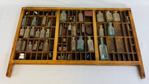 Antique Printers Type Tray With Assorted Small Items