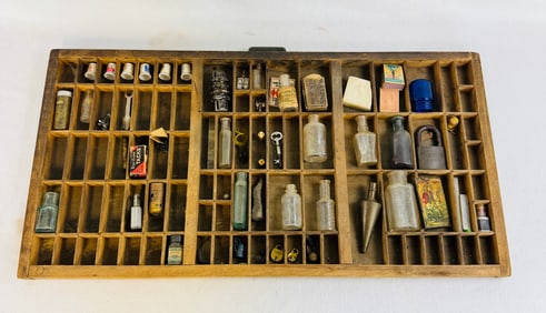 Antique Printers Type Tray With Assorted Small Items