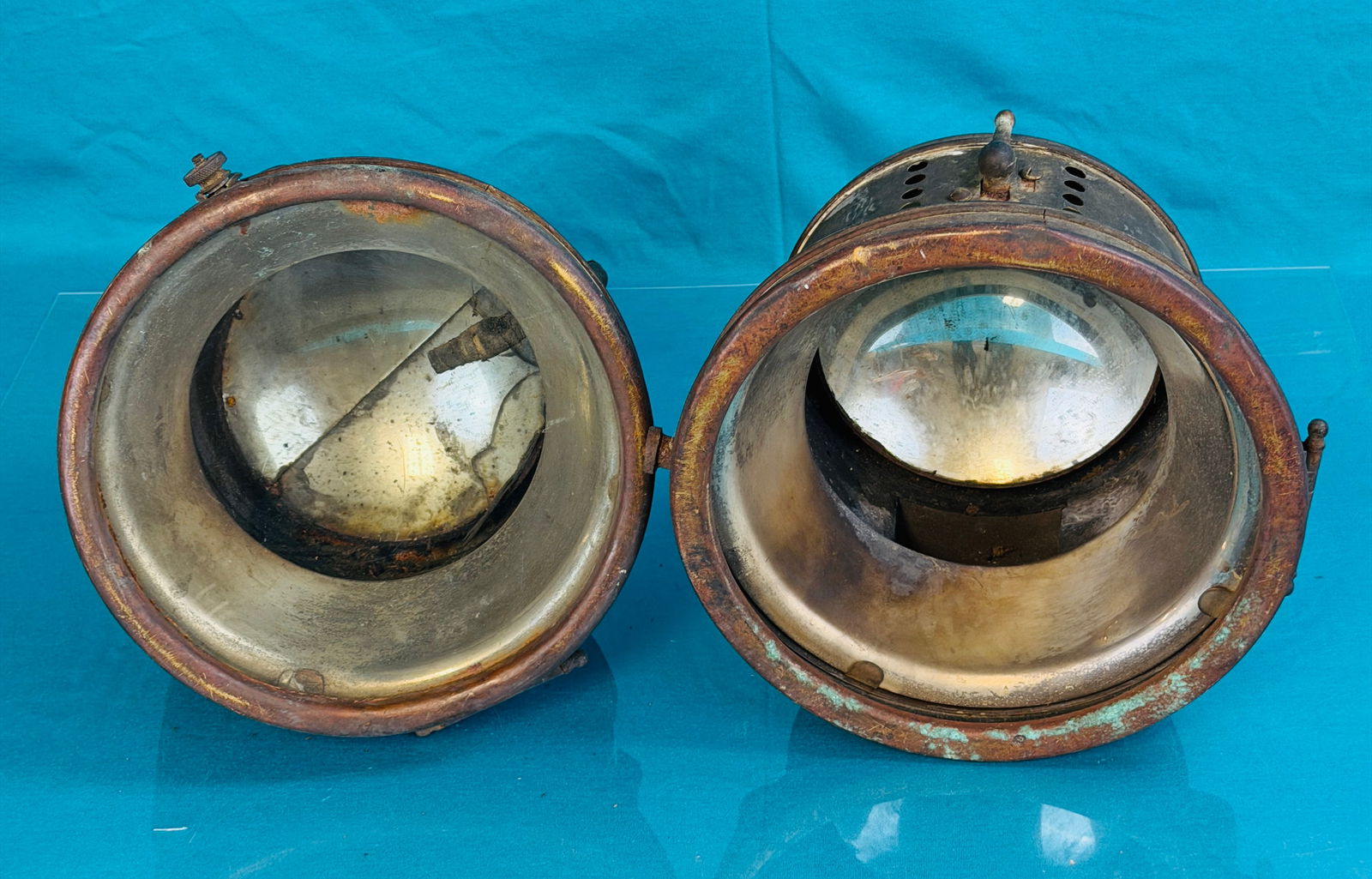 Pair Early Brass Acetylene Carbide Automobile Headlights (1 of 6)