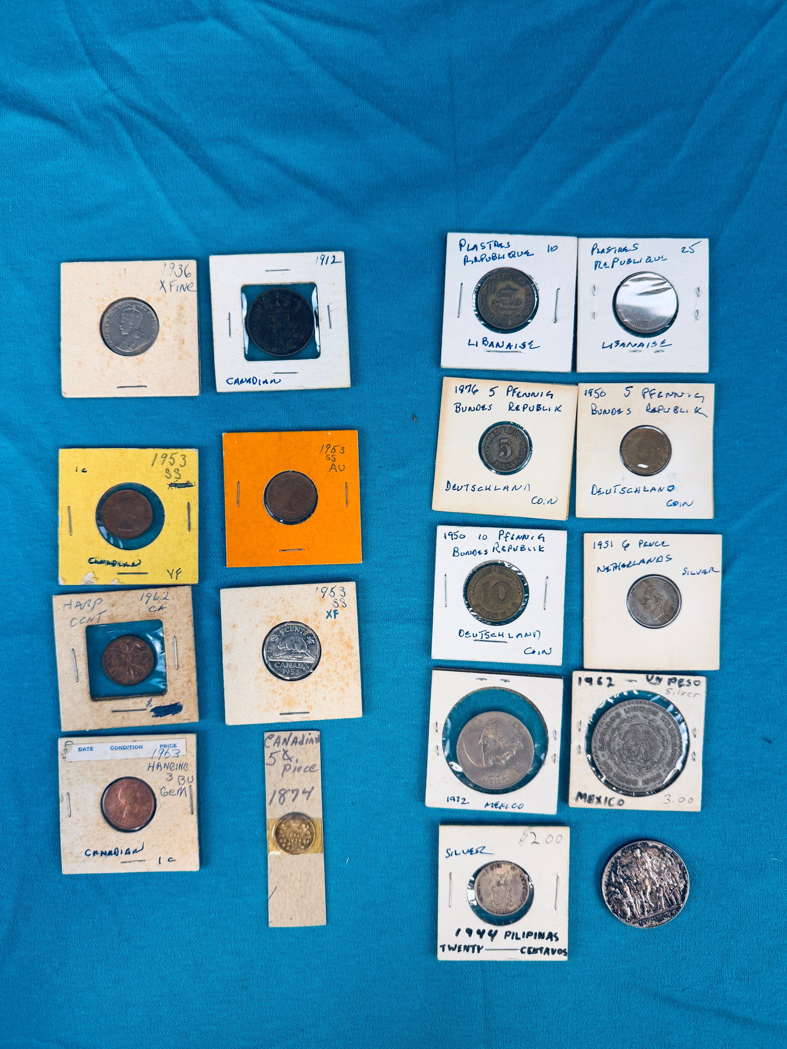 Foreign Coin Lot : Some Silver Coins as well: Foreign Coin Lot consisting of - Canadian : 1874 Five Cent ; 1912 & 2 1953 & 1963 One cent ; 1962 Harp Cent ; 1936 & 1953 Five Cent , Mexico 1962 & 1972 & 1953 Peso, 3 Pfennig Bundes Republik Deutschl