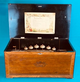 Large Antique Swiss Cylinder Music Box With Bells