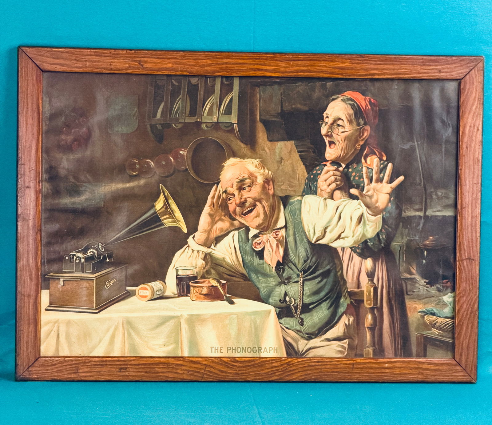 Antique Oak Framed Edison Phonograph Chromolithograph (1 of 5)