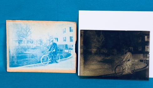 1904 Cyanotype Photograph & Glass Plate Negative Man On Motorcycle
